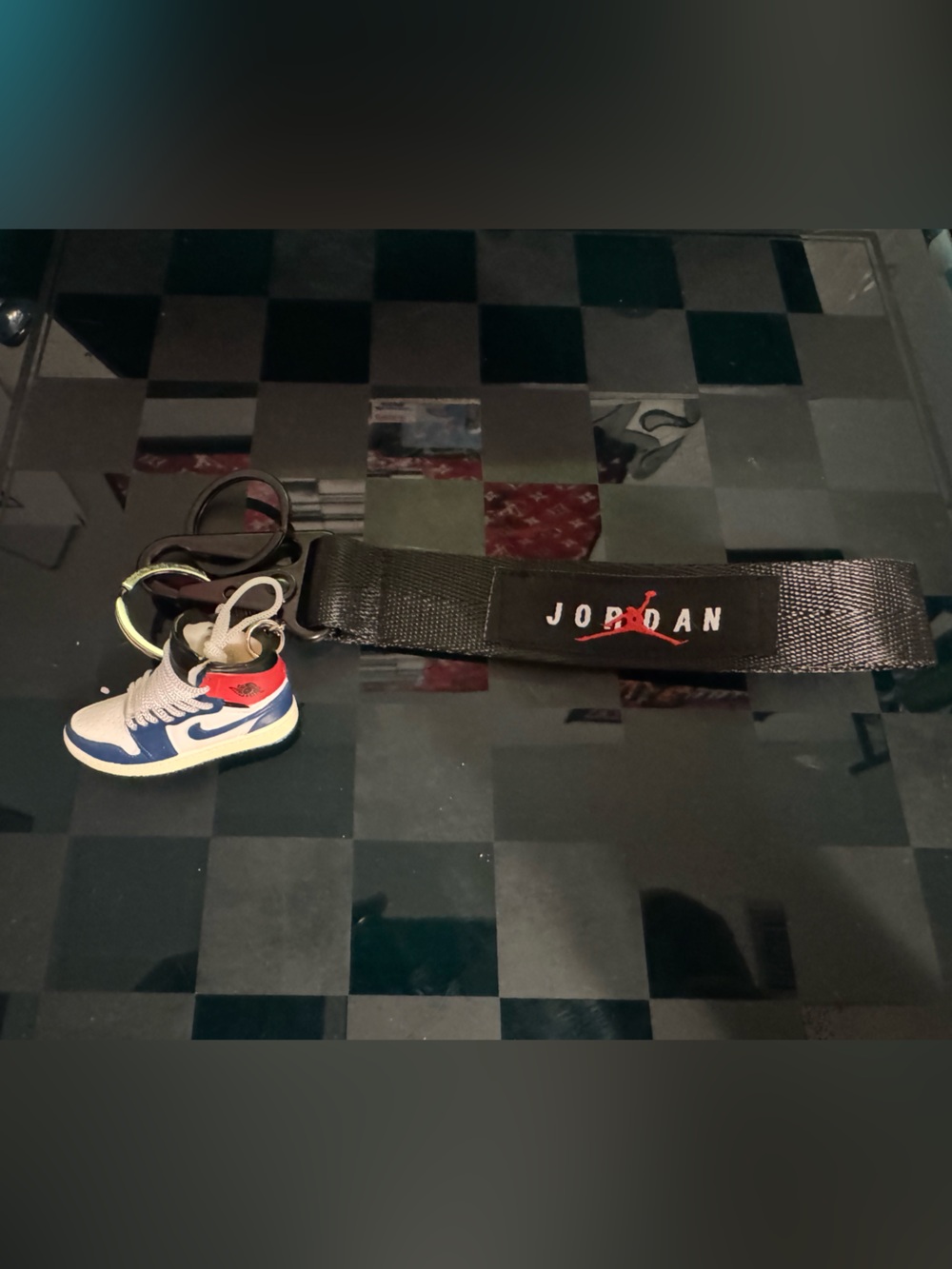 Jordan Mini Sneaker Keychain in White, Blue and Red with Black Strap
